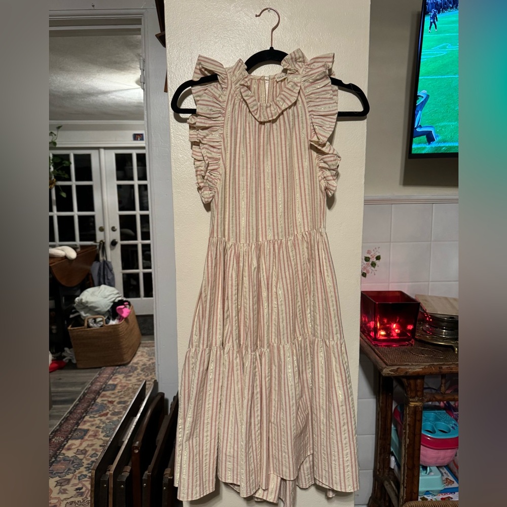 ULLA JOHNSON Tamsin Striped Ruffle Flare Dress - Natural - size 0
